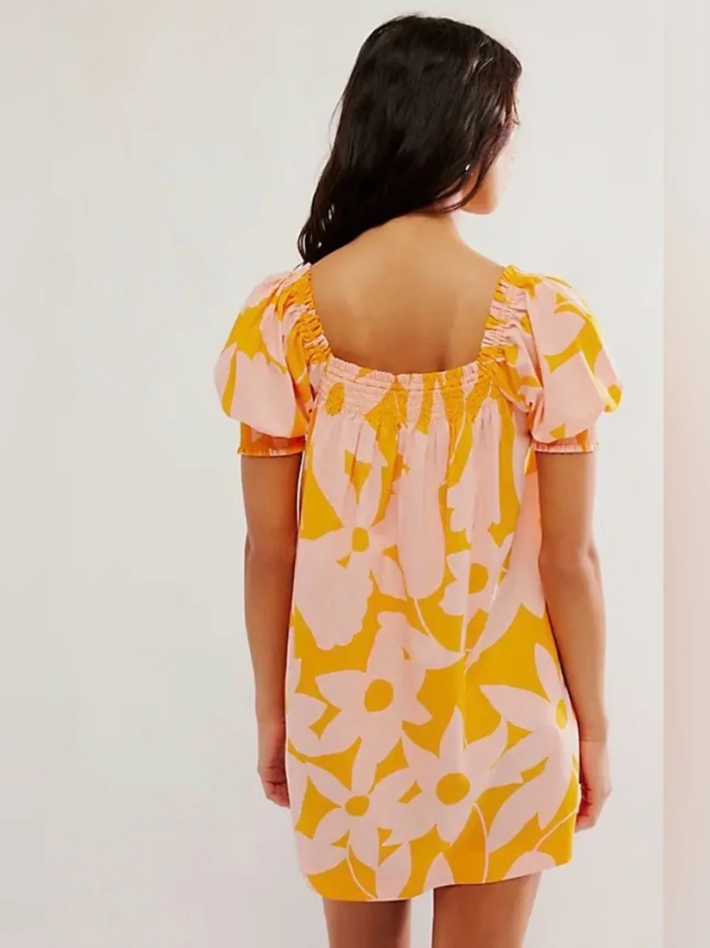 Free People Cotton Puff Sleeve Mila Printed Mini Dress Tangerine Combo Size XS